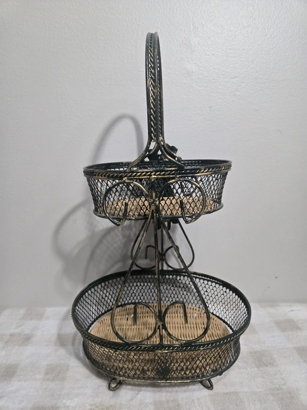 Vintage Retro 2-Tier Round Metal Mesh Basket Set w Handle Green Gold Wicker Base